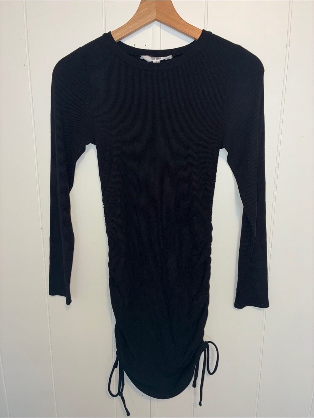 BB Dakota Black Ribbed Long-Sleeve Ruched Mini Dress